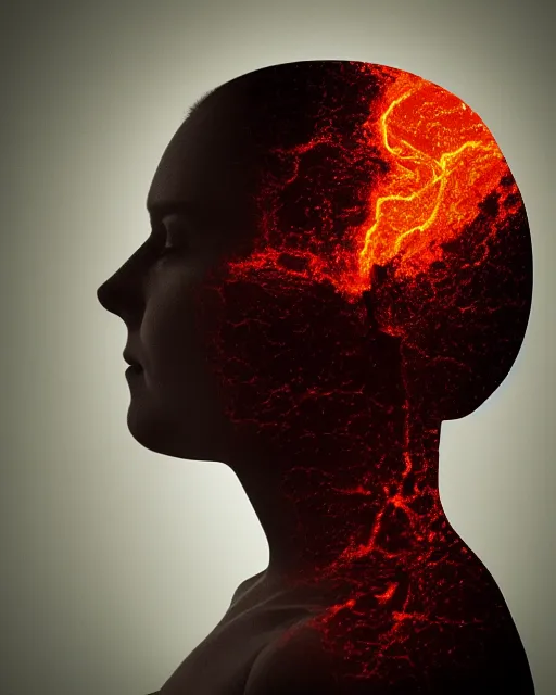 Prompt: a woman's face in profile, made of lava, in the style of the dutch masters and gregory crewdson, dark and moody