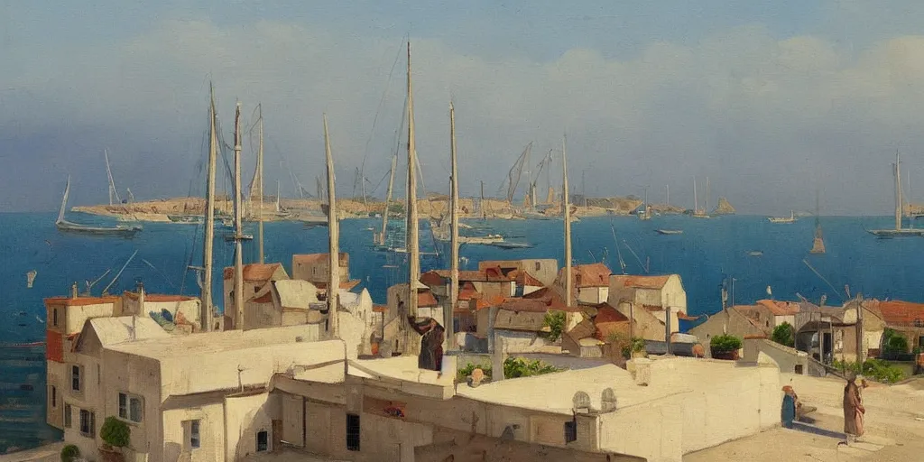 Prompt: a beautiful extremely complex painting of a mediterranean fishing village in summer by peter ilsted, whitewashed housed, tall cypress trees, blue shutters on windows, people walking down a street, trending and featured on artstation and behance