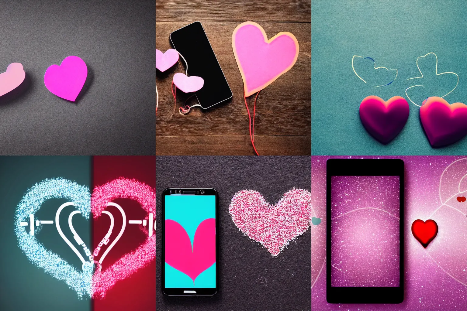 Prompt: 2 phones send hearts to each other through the air. 2 phones. hypnotic background. 2 phones.