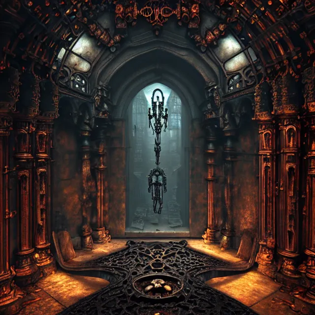 Image similar to steam necropolis, memento mori, gothic, neo - gothic, art nouveau, hyperdetailed copper patina medieval icon, stefan morrell, philippe druillet, ralph mcquarrie, concept art, steampunk, unreal engine, detailed intricate environment, octane render, moody atmospherics, volumetric lighting, ultrasharp, ominous, otherworldly