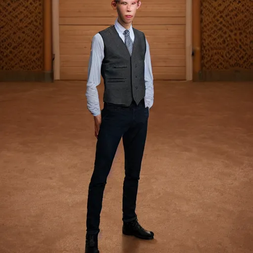 Prompt: Portrait photo of adult Austin Butler with exposed dark-hair head, dressed in grey-prussian blue Tudoresque-Gigeresque casual garb, and griffin-embroidered nanocarbon-vest, in an arena in Dune 2021, XF IQ4, f/1.4, ISO 200, 1/160s, 8K