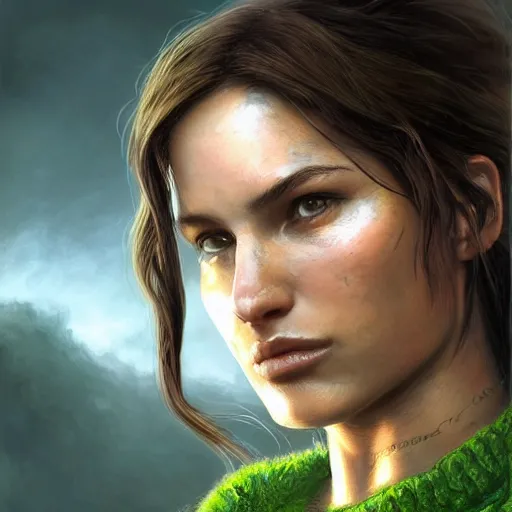 Image similar to Epic portrait, lara croft wearing an green sweater and having long flow hair, digital painting, artstation, concept art, soft light, hdri, smooth, sharp focus, illustration, fantasy, intricate, elegant, highly detailed, D&D, matte painting, in the style of Greg Rutkowski and Alphonse Mucha and artemisia, 8k,