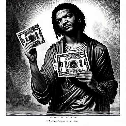 Image similar to highly accurate fredo santana rapper holding stacks of cash, biblical image, style of gustave dore, highly detailed, beautiful, high contrast, black and white