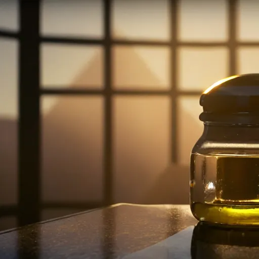 Prompt: a close - up of a gpu preserved in a jar of olive oil, sun rays shining through window, cinematic shot, photo still from movie by denis villeneuve