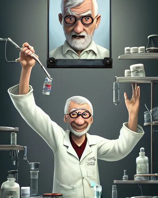 Prompt: An epic fantasy comic book style portrait painting of a charming and friendly middle-aged man in a laboratory, very expressive, buzz cut gray hair, !!NO GLASSES, round face, wearing a shirt with !horizontal stripes, handling laboratory equipment, character design by Mark Ryden and Pixar and Hayao Miyazaki, unreal 5, DAZ, hyperrealistic, octane render, cosplay, RPG portrait, dynamic lighting, intricate detail, summer vibrancy, cinematic