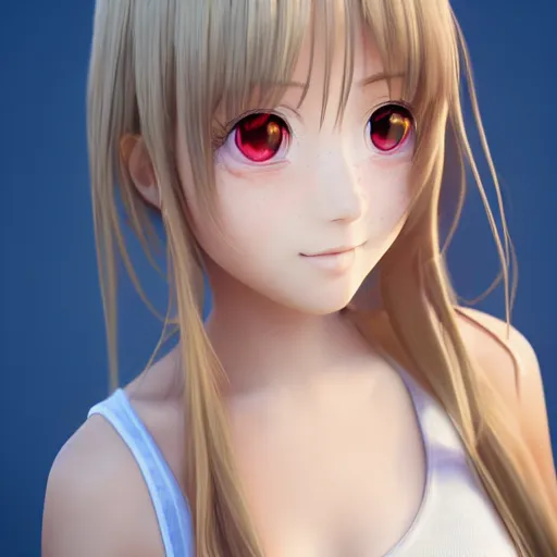 Image similar to Render of a very beautiful 3d anime girl, long hair, hazel eyes, cute freckles, full round face, short smile, cute sundress, golden hour, blue background, medium shot, mid-shot, highly detailed, trending on Artstation, Unreal Engine 4k