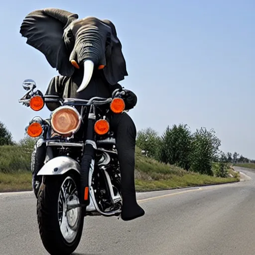 Prompt: elephant on a Harley Davidson on the road, funny picture