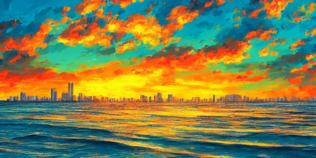 Prompt: sunset over the shoreline of tel aviv. colorful. highly detailed. palm trees. 8 k. artstation trending. concept art. digital painting
