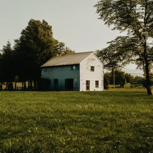 Prompt: liminal space photo of a house in the middle of a field during midday, house in the center of the photo