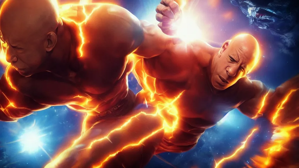 Prompt: extreme wide shot of vin diesel as saitama!!! punching!!! a car!!! into space, ultra realistic, lens flare, atmosphere, glow, detailed, intricate, full of colour, cinematic lighting, trending on artstation, 4 k, hyperrealistic, focused, extreme details, unreal engine 5, cinematic, masterpiece