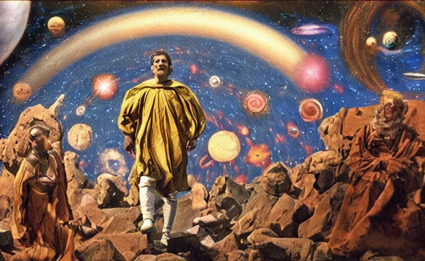 Image similar to scene from cosmologica ( 1 9 6 9 ), a movie by luchino visconti terry gilliam showing a man played by mastroianni leaving the medieval cosmos to enter the new modern universe in the style of ( ( ( renaissance cosmological painting ) ) ). blue sky with a lot of stars and planets. cinematic, technicolor, direct lighting