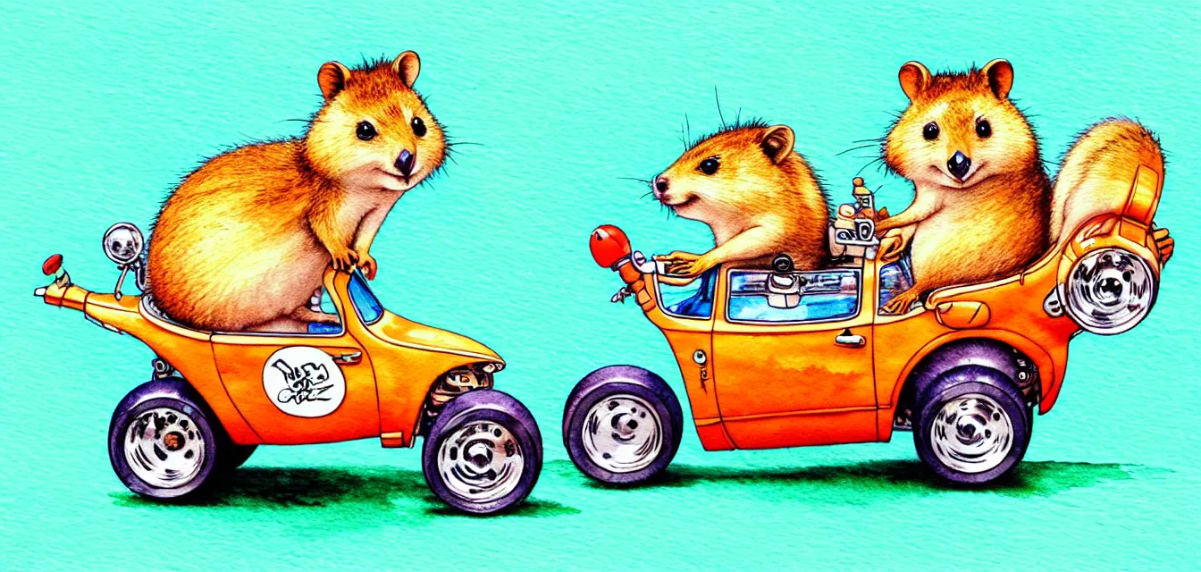 Prompt: cute and funny, quokka riding in a tiny hot rod with oversized engine, ratfink style by ed roth, centered award winning watercolor pen illustration, isometric illustration by chihiro iwasaki, edited by range murata, tiny details by artgerm and watercolor girl, symmetrically isometrically centered