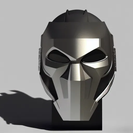 Image similar to MF DOOM mask, highly detailed photo realistic render, shadows, sculpture