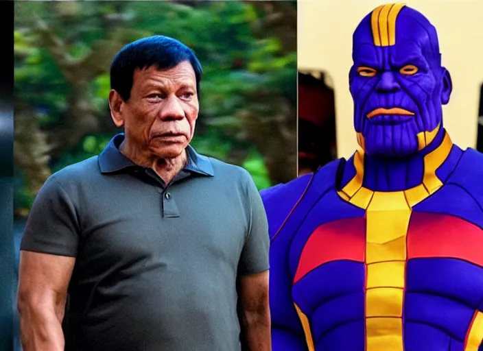 Image similar to rodrigo duterte and thanos staring at each other, real life photograph, award winning photograph, 4 k