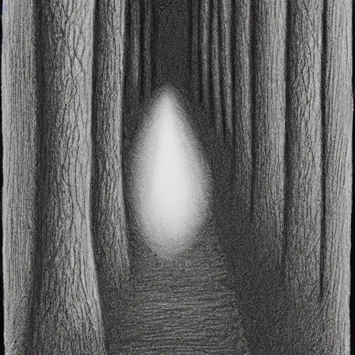 Image similar to charcoal drawing of a small bear about to enter a large hedge maze, the bear is white, illustrated by chris van allsburg, illustration, masterful, volumetric light, subdued, greyscale