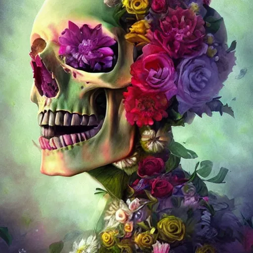 Image similar to colorful skull in flowers, by lise deharme, digital art, detailed masterpiece