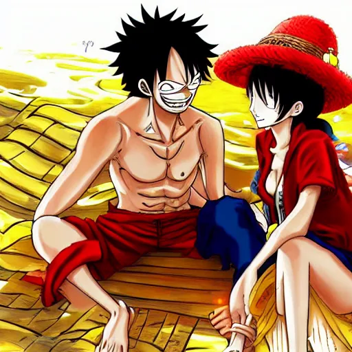 Prompt: luffy from one piece, anime art, pixiv, luffy is on the beach with nami