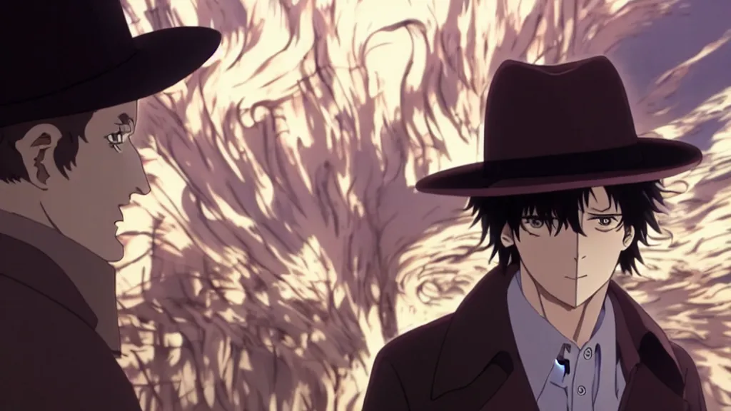 Image similar to a man who’s face is a vortex wearing a fedora and trench coat, anime film still from the movie directed by Denis Villeneuve with art direction by Junji Ito, wide lens