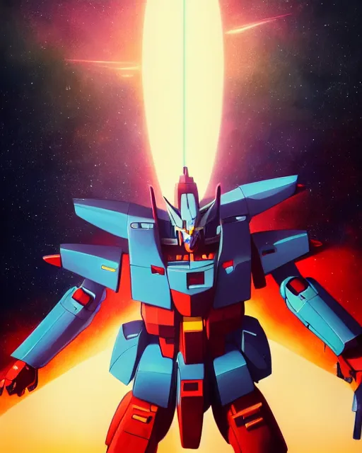 Image similar to highly detailed vfx portrait of a gundam with wings of feathers beam saber fighting in space with a beam gun, unreal engine, greg rutkowski, loish, rhads, beeple, makoto shinkai and lois van baarle, ilya kuvshinov, rossdraws, tom bagshaw, alphonse mucha, global illumination, detailed and intricate environment