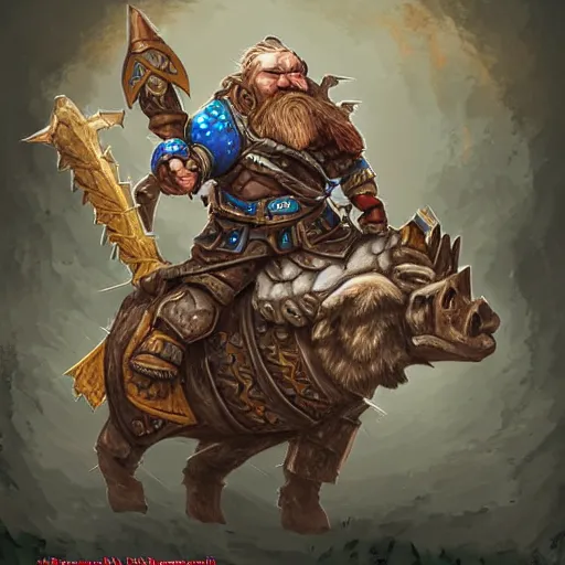 Image similar to a dwarf warrior riding on an armored boar, hearthstone coloring style, epic fantasy style art, fantasy epic digital art