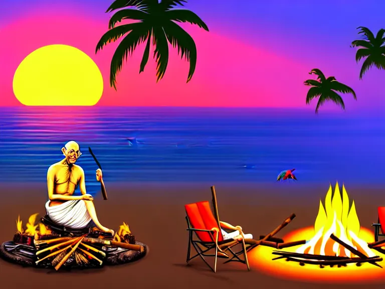 Prompt: gandhi sitting on a beach next to a campfire with palm trees in the back, holding a cigar, sunset, surrounded by different animals, parrots, turtle, lizard, crab, coconuts,, glorious lighting, epic environment, highly detailed, digital art, hyper realistic, beautiful, 8 k, trending on deviantart