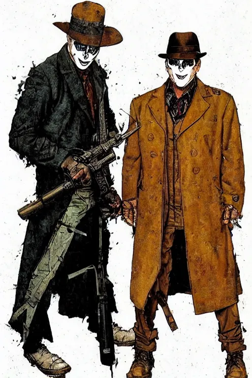 Prompt: Rorschach and The Comedian aka Edward Morgan Blake from the movie Watchmen painted by Norman Rockwell, Greg Rutkowski and Dave Gibbons, Sadamoto Yoshiyuki, Yoki Shinkawa, high detailed perfect faces, trending on Artstation, page scan from book, watchmen comics color scheme, noisy film grain effect, super wide shot, 30mm, intricate, fine details, trending on artstation,