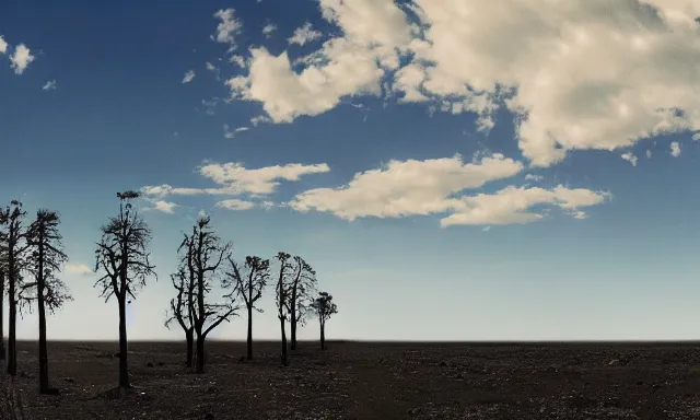 Prompt: panorama of big raindrops flying upwards into the perfect cloudless blue sky from a dried up river in a desolate land, dead trees, blue sky, hot and sunny highly-detailed, elegant, dramatic lighting, artstation, 4k, cinematic landscape, photograph by National Geographic