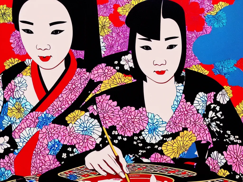 Prompt: hyperrealistic composition of the detailed woman in a japanese kimono sitting at a extremely detailed poker table with detailed darth vader, fireworks, mount fuji on the background, pop - art style, jacky tsai style, andy warhol style, acrylic on canvas