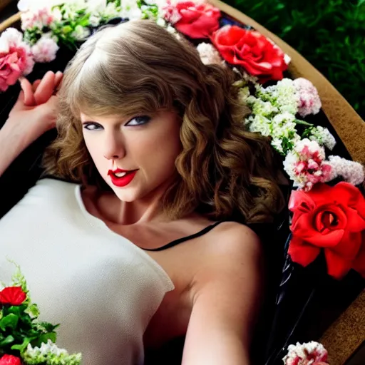 Prompt: Taylor Swift resting inside a coffin, movie scene, closed eyes, flowers,