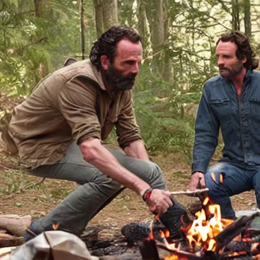 Prompt: Rick Grimes roasting human head by the campfire