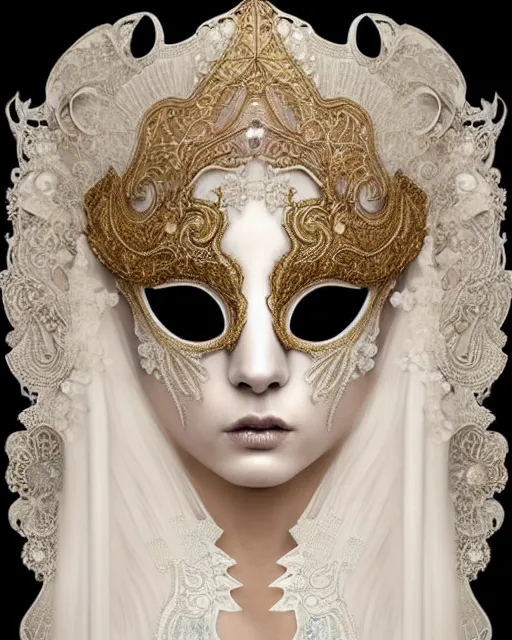 Image similar to beautiful ethereal maiden in a ivory masquerade mask intricate ornate fractal-lace and gemstones, wearing stunning ivory dress, ivory gold iridescent, full view, soft lighting, vivid, Hyperdetailed, 4k hd matte painting by Artgerm, Greg Rutkowski, Klimt, James Jean, 8k resolution, enchanting and otherworldly, Artstation, CGsociety, detailed, front view