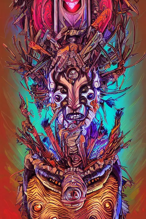 Image similar to totem animal tribal chaman vodoo mask feather gemstone plant wood rock video game illustration vivid color borderlands by josan gonzales and dan mumford radiating a glowing aura