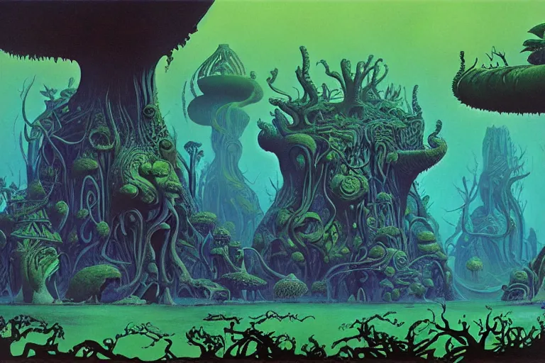 Image similar to lovecraftian jungles, another world by Roger Dean