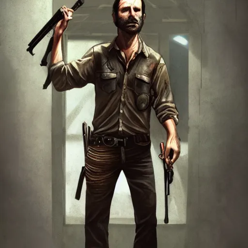 Prompt: rick grimes, the walking dead, zombie, cinematography, fantasy, medieval, vivid colors, elegant, concept art, sharp focus, digital art, Hyper-realistic, 4K, Unreal Engine, Highly Detailed, HD, Dramatic Lighting by Brom