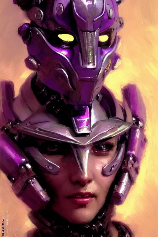 Prompt: extreme close up, facial portrait, woman with a long black ponytail in purple sci - fi armor, kitsune mask on head, mechanical armor, cybernetic hands, striking pose, portrait dnd, painting by gaston bussiere, craig mullins, greg rutkowski, yoji shinkawa