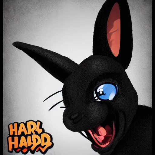 Image similar to A extremely highly detailed majestic hi-res beautiful, highly detailed head and shoulders portrait of a scary terrifying, horrifying, creepy goofy evil black cartoon rabbit with scary big eyes, earing a shirt laughing, hey buddy, let's be friends, in the style of Walt Disney