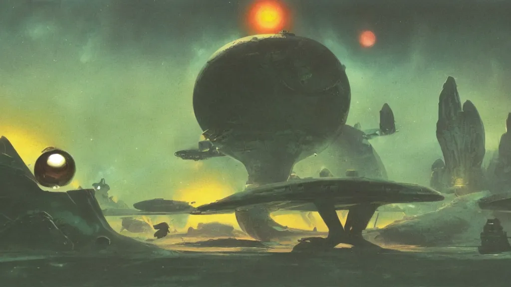 Image similar to eerie atmospheric alien planet with a small dropship pod landing by paul lehr and jack gaughan and john schoenherr, epic cinematic matte painting