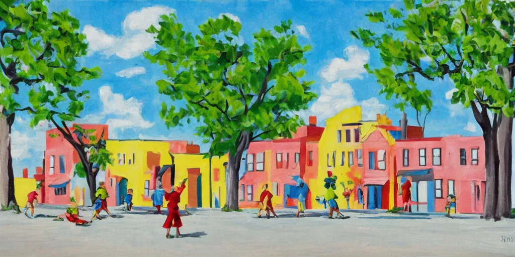 Image similar to 1 9 4 0 s corner of a concrete row house, painted in bright colors, children playing on the street, trees, blue sky, sunny day