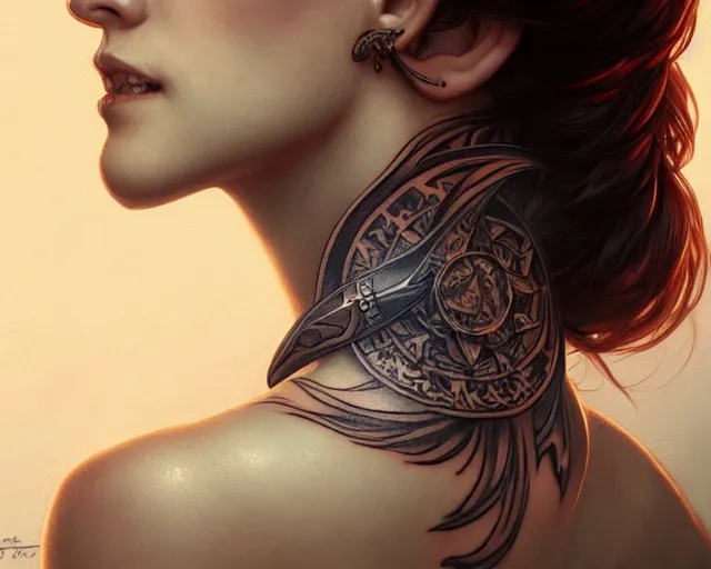 Image similar to neck tattoo, deep focus, d & d, fantasy, intricate, elegant, highly detailed, digital painting, artstation, concept art, matte, sharp focus, illustration, hearthstone, art by artgerm and greg rutkowski and alphonse mucha