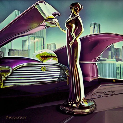 Image similar to art deco lady by the car city scenic, detailed, photorealistic