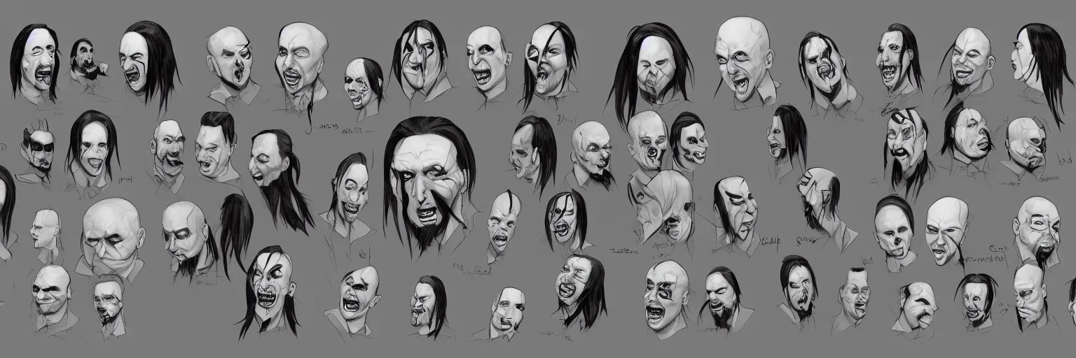 Image similar to character study of marilyn manson and jack black, clear faces, wild, crazy, character sheet, fine details, concept design, contrast, kim jung gi, pixar and da vinci, trending on artstation, 8 k, full body and head, turnaround, front view, back view, ultra wide angle