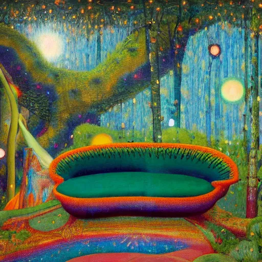 Image similar to psychedelic couch sofa in the lush forest, milky way, designed by arnold bocklin, jules bastien - lepage, tarsila do amaral, wayne barlowe and gustave baumann, cheval michael, trending on artstation, mediterranean, star, sharp focus, colorful refracted sparkles and lines, soft light, 8 k 4 k