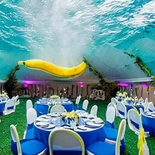 Image similar to underwater wedding reception gets destroyed by spaceship shaped as a banana