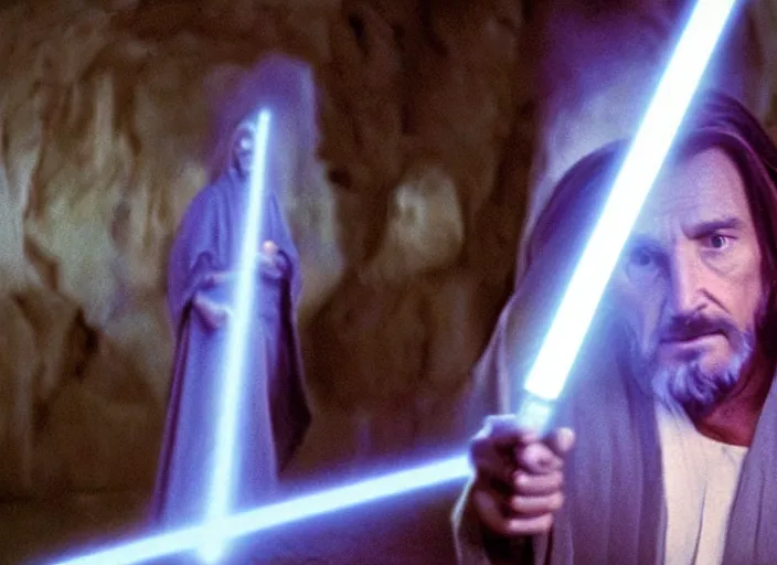 Image similar to screenshot of the force ghost glowing blue spirit of qui gon jinn speaking to Luke skywalker, in a hazy lit ancient Jedi cathedral, screenshot from the 1970s star wars thriller directed by stanley kubrick, Photographed with Leica Summilux-M 24 mm lens, ISO 100, f/8, Portra 400, kodak film, anamorphic lenses