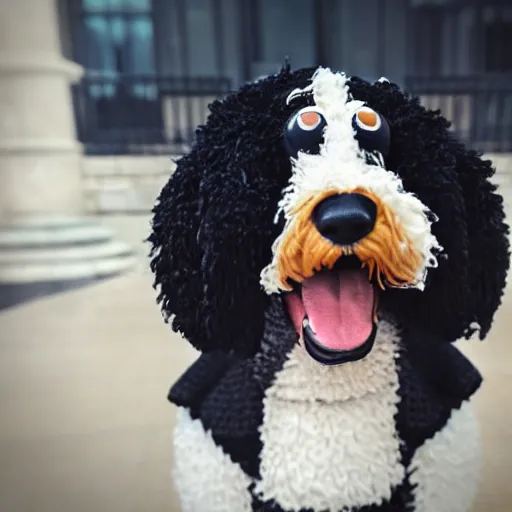 Image similar to a closeup photorealistic photograph of a cute smiling knitted bernedoodle judge dog dressed in a black gown, presiding over the courthouse. indoors, professional capture, well lit shot. this 4 k hd image is trending on artstation, featured on behance, well - rendered, extra crisp, features intricate detail, epic composition and the style of unreal engine.