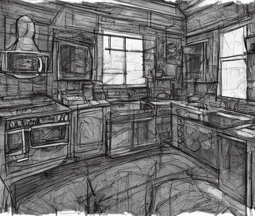 Image similar to An of interior of a kitchen at night, rotoscoped, rotoscope, photoshop, photomanipulation, realism, painting, illustration and sketch, weird scribbles, hybrid styles, hybrid art styles, mismatched, trending on artstation, trending on deviantart, weird, quirky, interesting, very detailed, highly detailed, HD Quality, 4k resolution, 8k resolution, in the style of David Firth, in the style of James Lee, in the style of Drue Langlois,