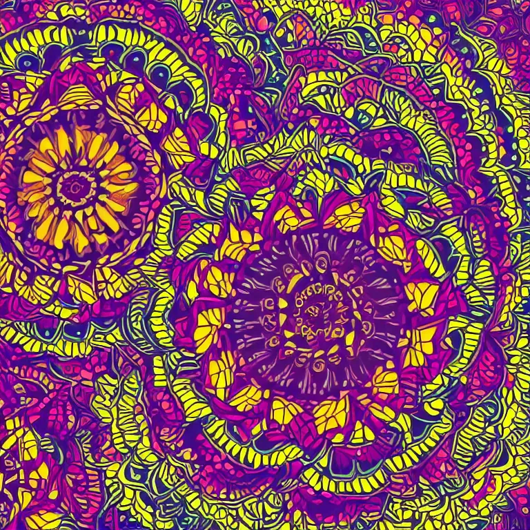 Prompt: symmetry centered colorful mandala consisting of flowers, black background, spirals and circles