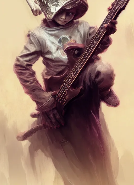 Image similar to fantasy changeling kid playing electric guitar, dim light, front game card, marvel comics, dark, intricate, highly detailed, smooth, artstation, digital illustration by ruan jia and mandy jurgens and artgerm and wayne barlowe and greg rutkowski and zdislav beksinski