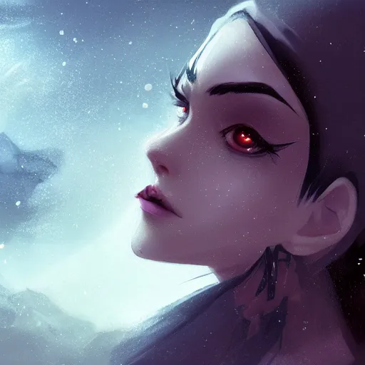 Image similar to a portrait of a very beautiful vampire woman with black hair and pale skin, red eyes, wearing a black cloak, nightime village background, anime key visual, dramatic lighting, 4k resolution, illustration, high quality, highly detailed, charlie bowater, lois van baarle, ilya kuvshinov, rossdraws, artstation