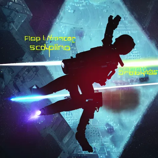 Image similar to futuristic soldiers in spacesuits firing lasers in zero gravity, floating polygon shapes as obstacles, surrounded by a laser grid